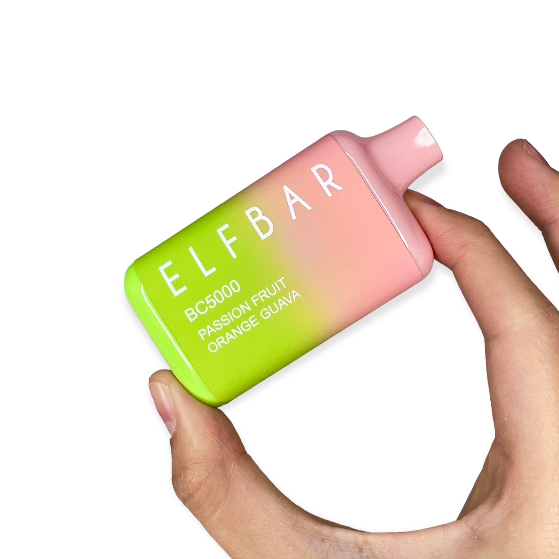 Holding Passion Fruit Orange Guava BC5000 Elf Bar