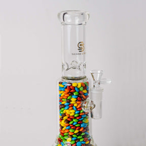 Close Up of M&Ms in Sense Glass Bong