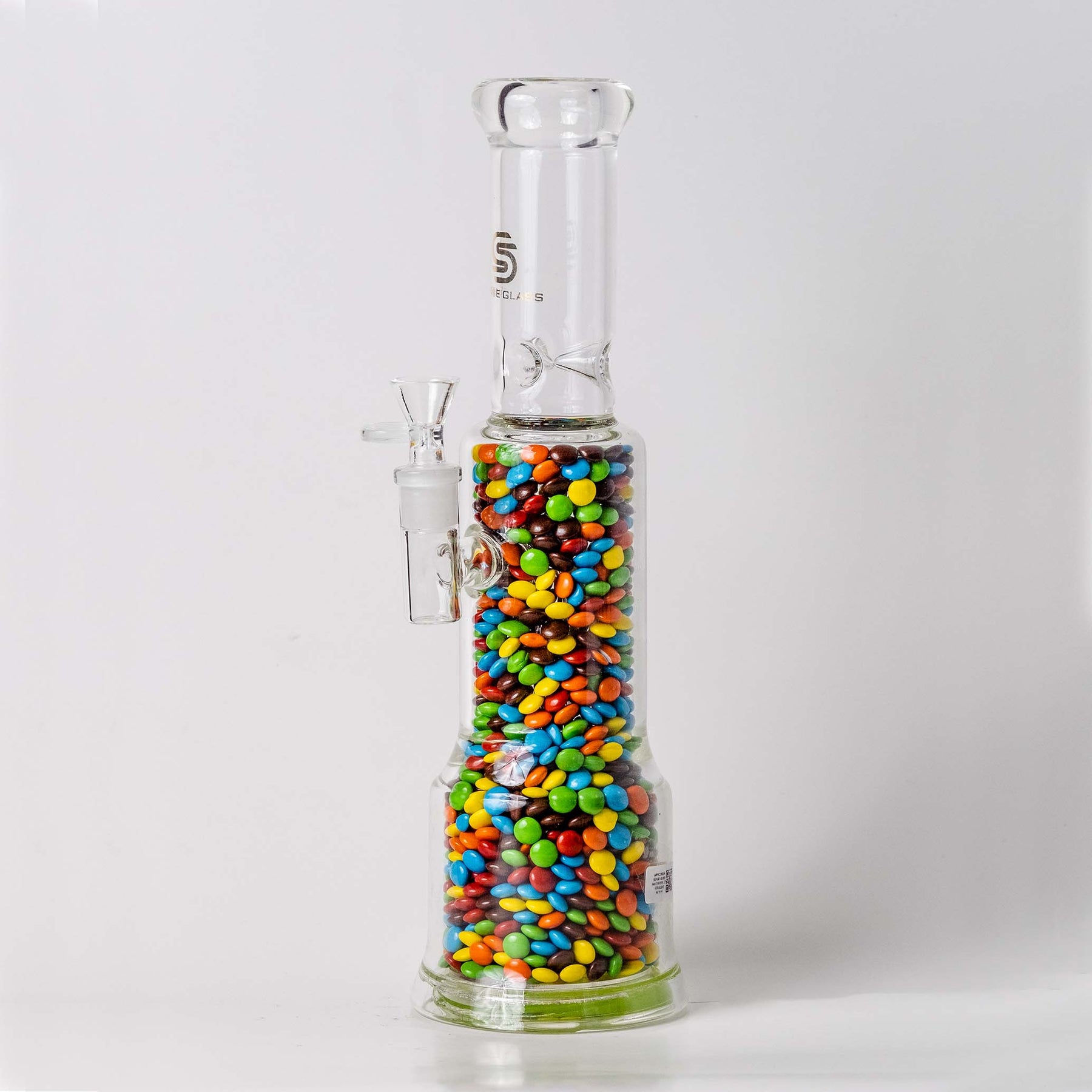 Side View of Resin Design M&Ms in Sense Glass 13 inch Bong