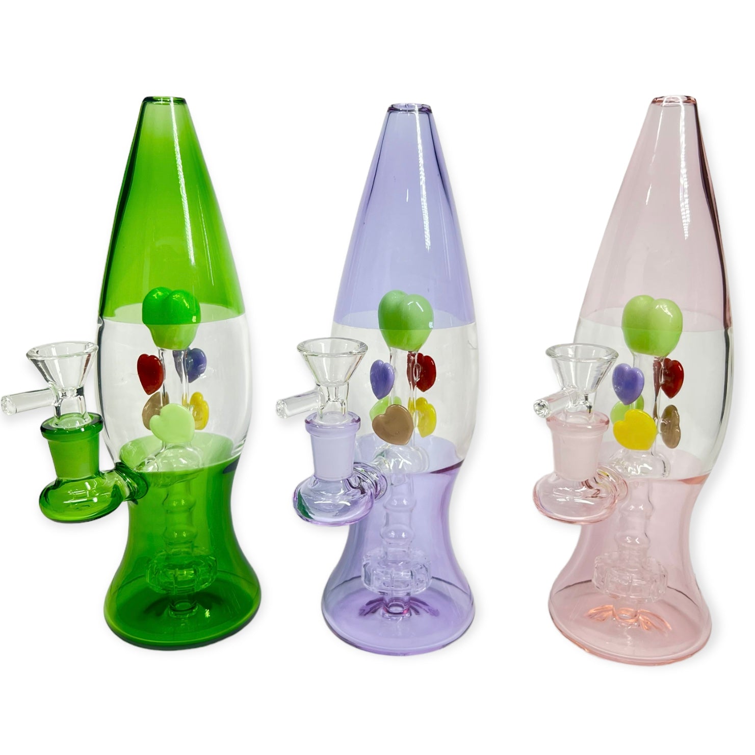 Multiple Lava lamp bongs with hearts and percolator